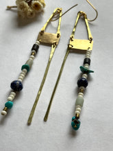 Load image into Gallery viewer, beaded earrings with brass and turquoiose and lapis