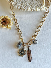 Load image into Gallery viewer, Charm Necklace with handmade copper feather charm, a flower charm, and silver bobble, and a beaded charm