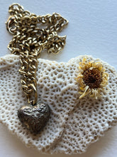 Load image into Gallery viewer, upclose details of a puffed brass heart necklace on a gold chain