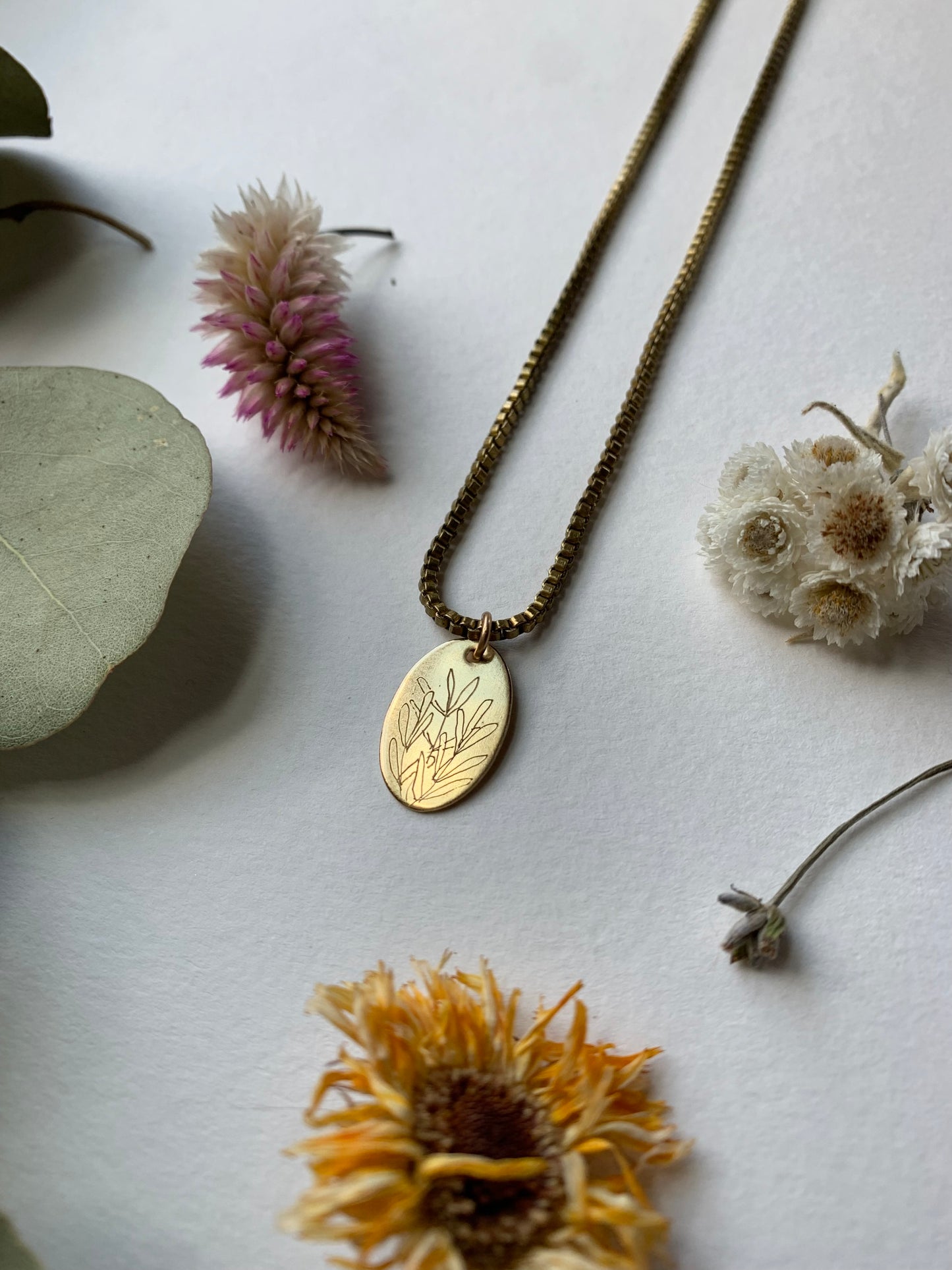 Etched Brass Floral Necklace Rosemary