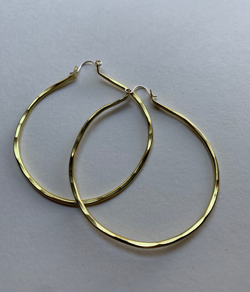 Thick gold hoop earrings hammered brass with sterling silver  handmade hammered textured hoops