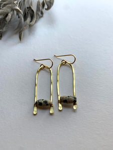 handmade brass earring hammered brass modern earring u shaped arch earring with black and white bead jasper bead