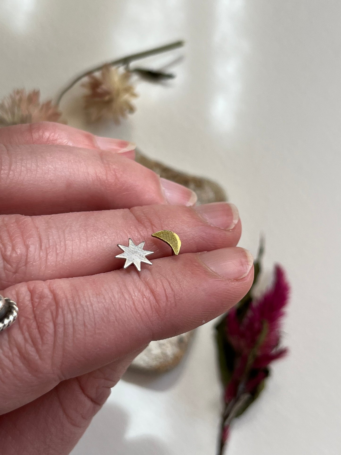 Tiny Moon and Star Studs Mixed Metal Pair