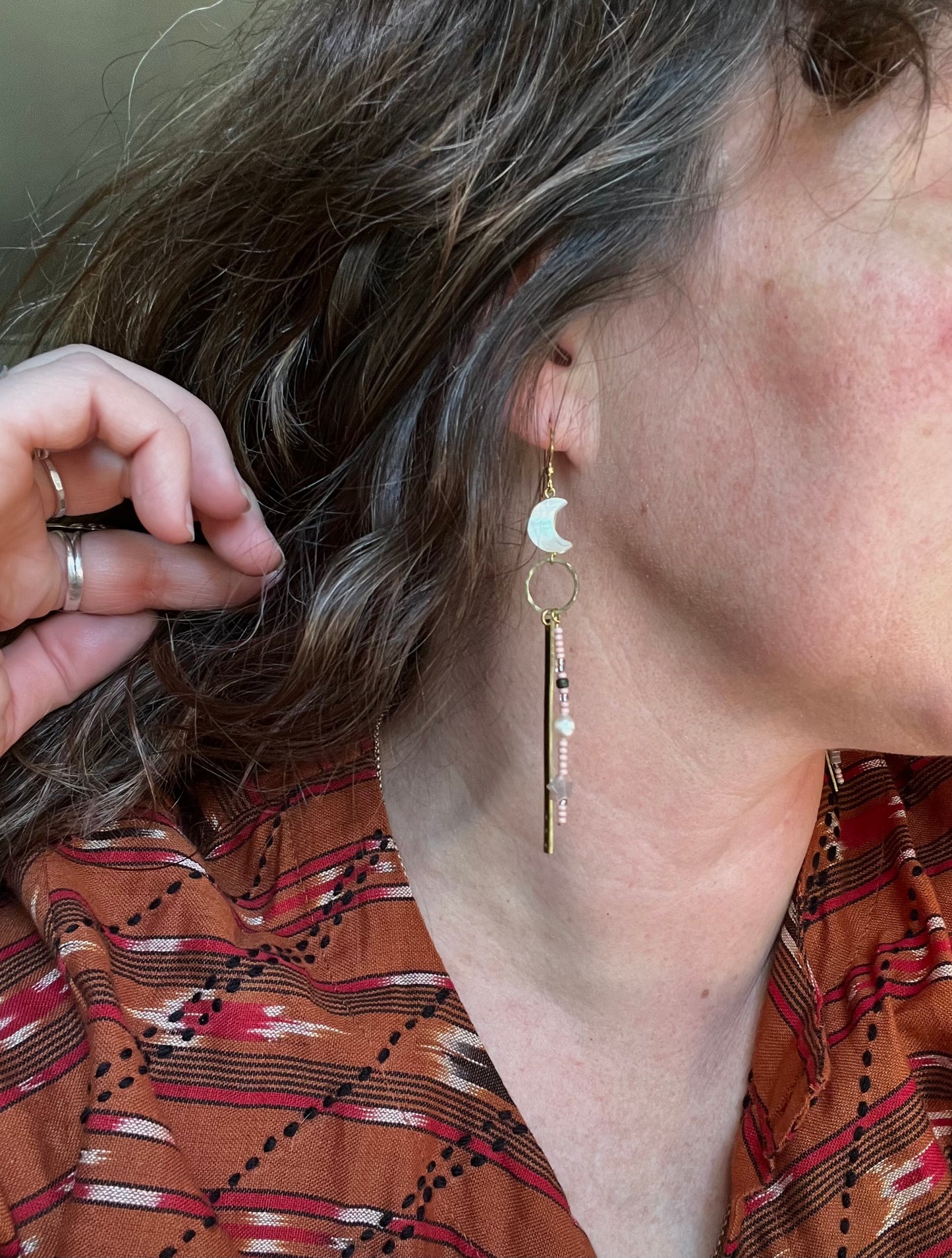 Beaded Moon Dangle Earrings