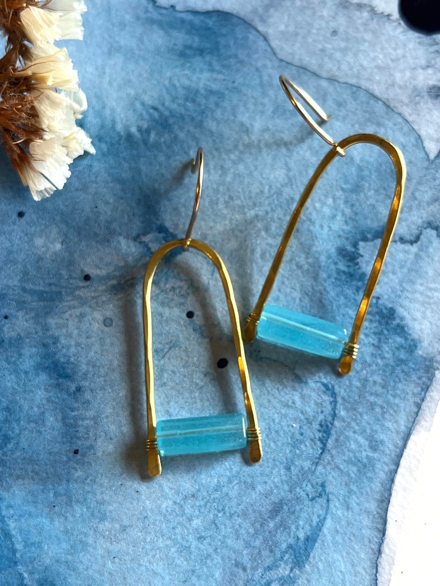 Handmade Modern Brass earrings with sea blue stone
