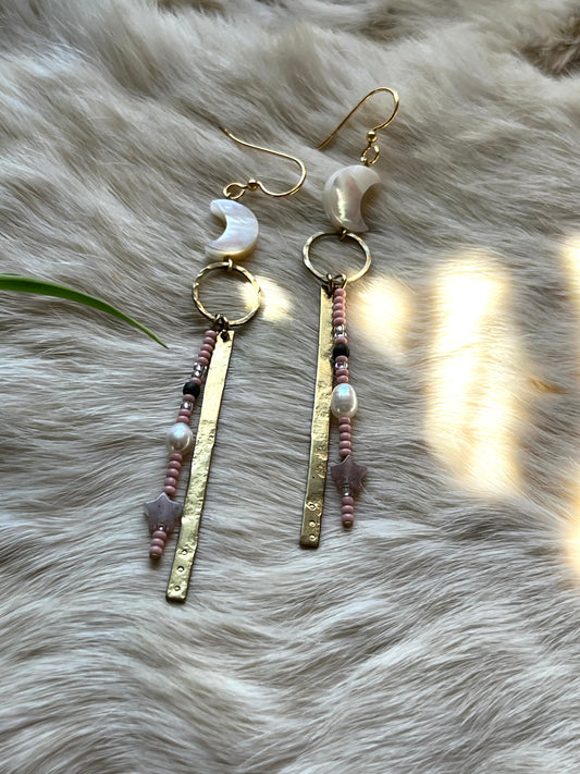 Beaded Moon Dangle Earrings