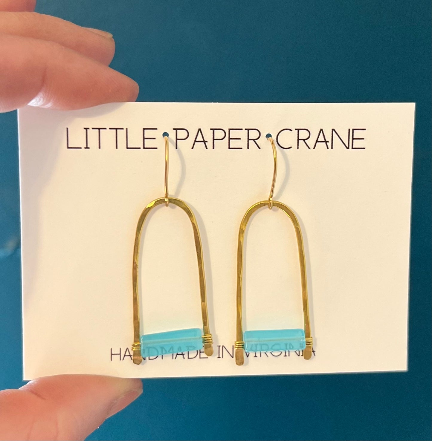Handmade Modern Brass earrings with sea blue stone