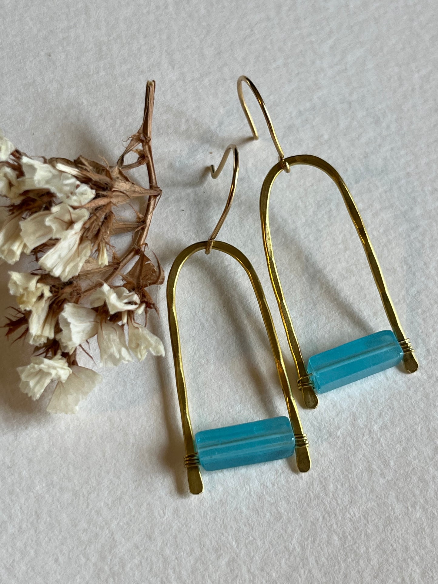 Handmade Modern Brass earrings with sea blue stone