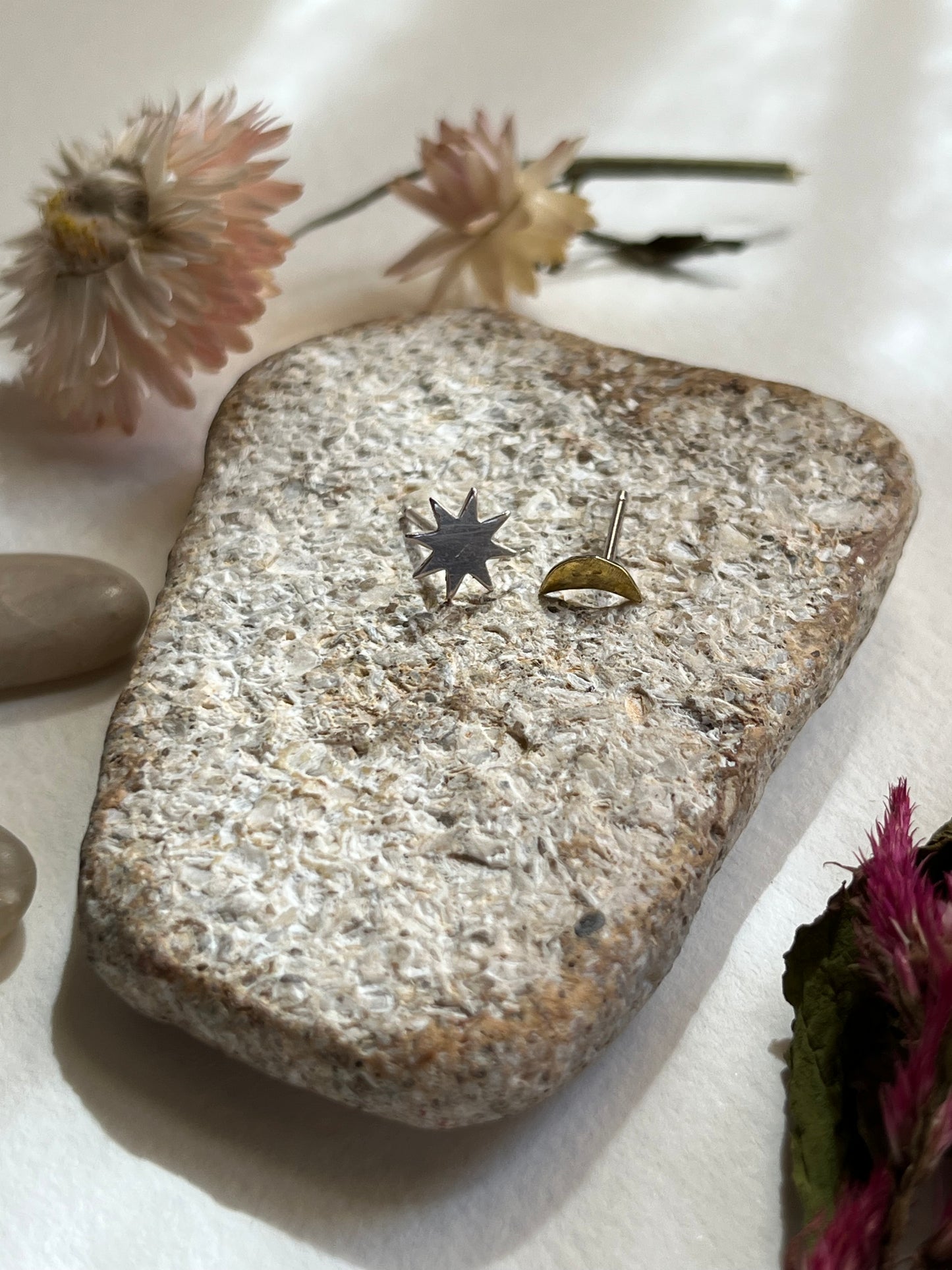 Tiny Moon and Star Studs Mixed Metal Pair