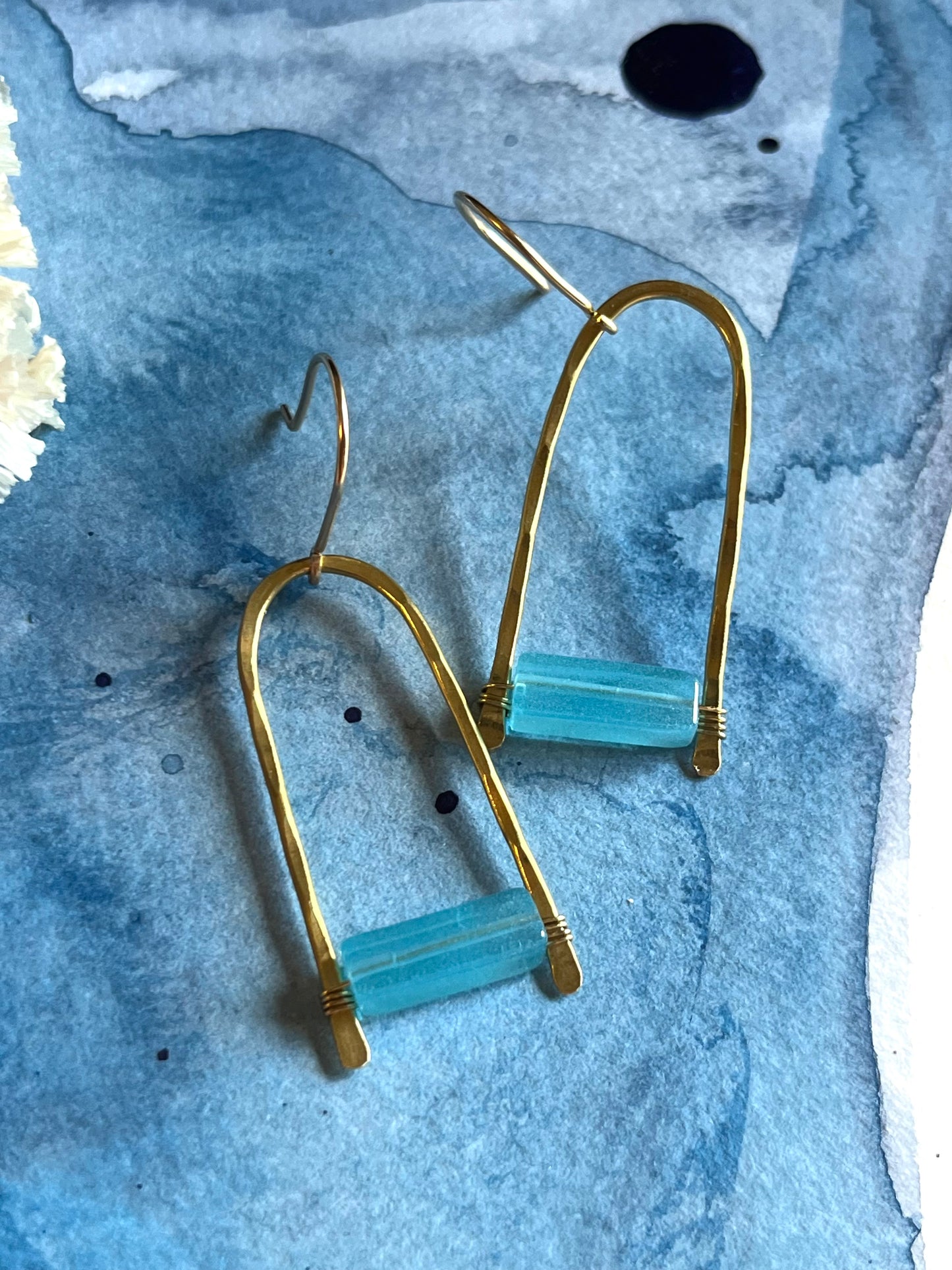 Handmade Modern Brass earrings with sea blue stone