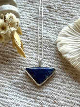 Load image into Gallery viewer, Handmade Silver Lapis Triangle Pendant on 18” chain