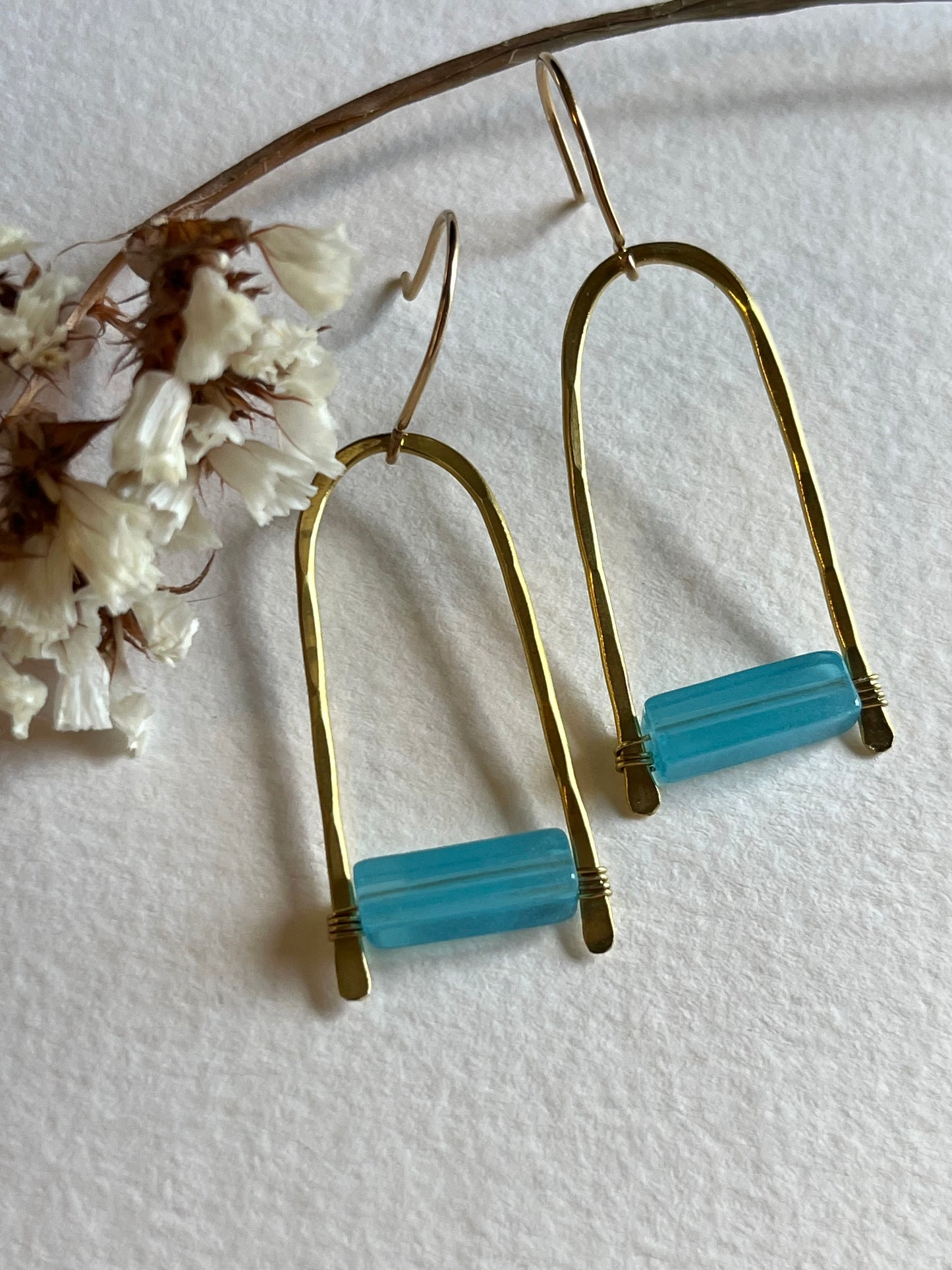 Handmade Modern Brass earrings with sea blue stone