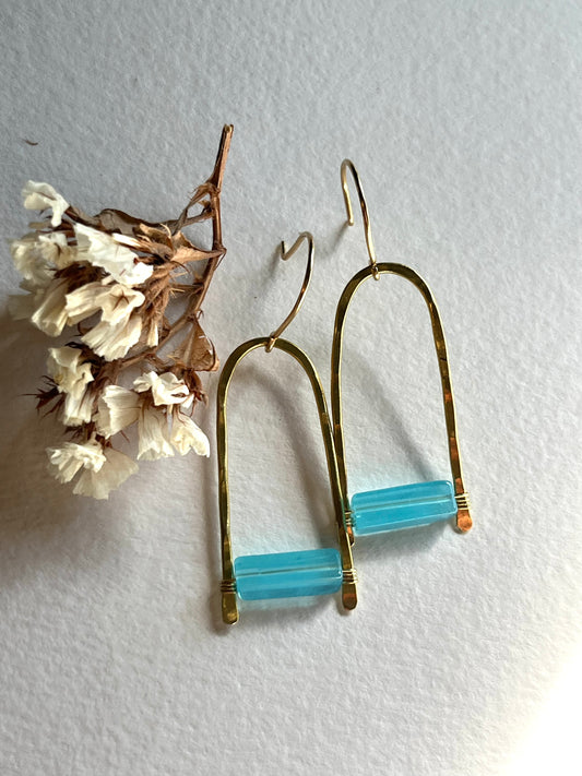 Handmade Modern Brass earrings with sea blue stone