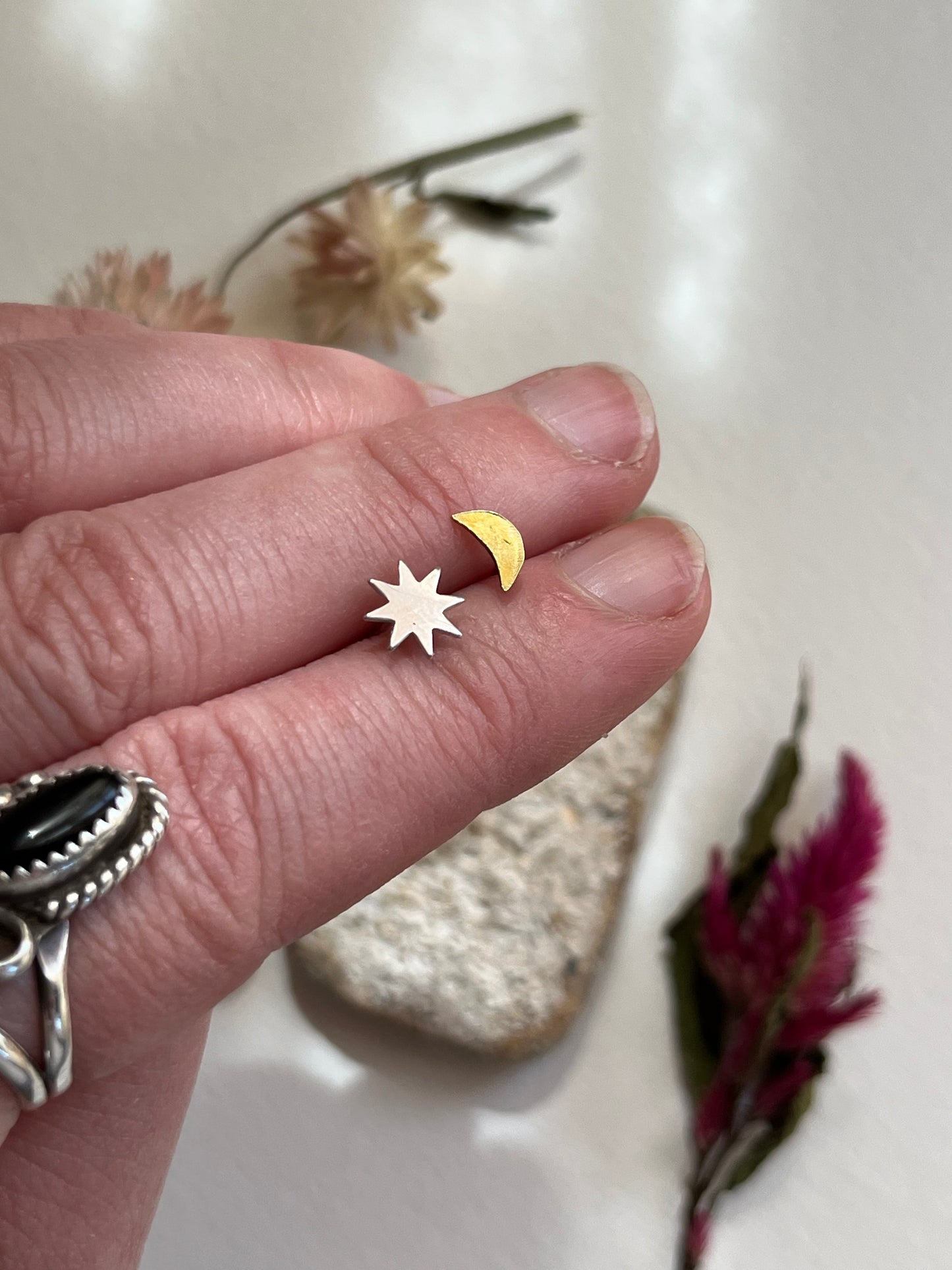 Tiny Moon and Star Studs Mixed Metal Pair
