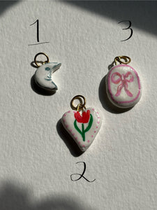 Man in the Moon charm, Pink Bow charm, Heart Charm