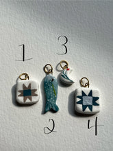 Load image into Gallery viewer, Blue fish, barn quilt, moon hand painted clay charms