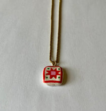 Load image into Gallery viewer, Red + Pink Barn Quilt Hand-painted clay charm necklace