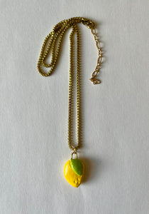 Lemon hand-painted clay pendant necklace