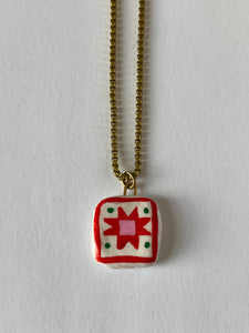 Red + Pink Barn Quilt Hand-painted clay charm necklace