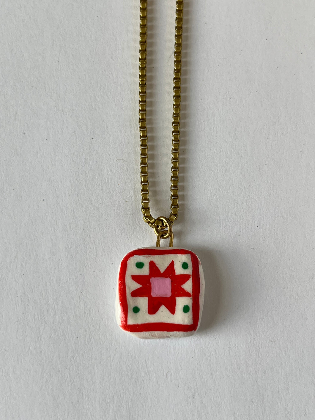Red + Pink Barn Quilt Hand-painted clay charm necklace