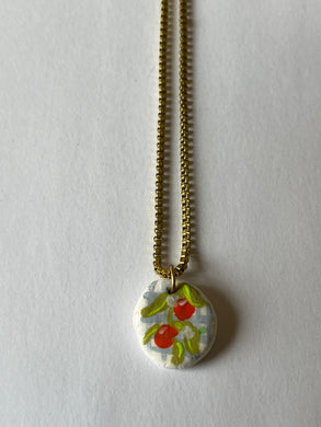 Oranges on blue gingham hand-painted clay pendant necklace