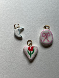 Man in the Moon charm, Pink Bow charm, Heart Charm