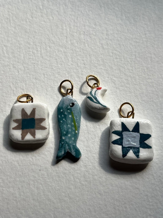Blue fish, barn quilt, moon hand painted clay charms