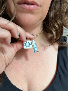 Blue fish, barn quilt, moon hand painted clay charms