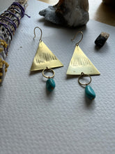 Load image into Gallery viewer, Brass and Turquoise Triangle Dangle Earrings 2