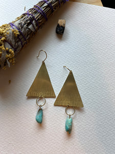 Brass and Turquoise Triangle Dangle Earrings 1