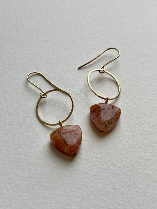 Pink Agate Brass Loop Dangle Earrings