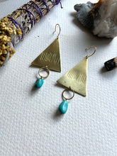 Load image into Gallery viewer, Brass and Turquoise Triangle Dangle Earrings 2