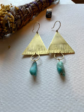 Load image into Gallery viewer, Brass and Turquoise Triangle Dangle Earrings 1