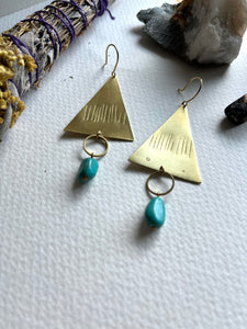 Brass and Turquoise Triangle Dangle Earrings 2