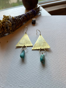 Brass and Turquoise Triangle Dangle Earrings 1