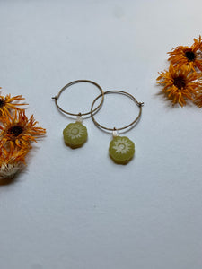 Green Olive Jade Flower Hoop Earrings