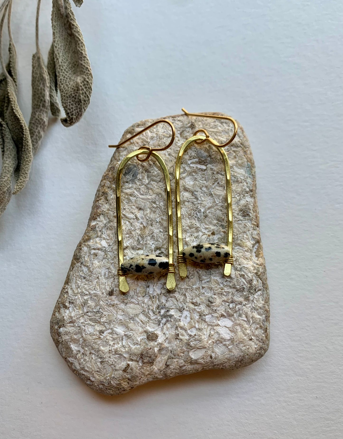 handmade brass earring hammered brass modern earring u shaped arch earring with black and white bead jasper bead