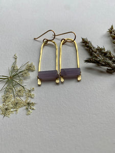 Brass drop earrings with Lavender Lepidolite