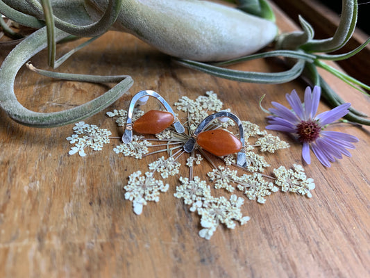 Sterling Silver U Studs wire wrapped with peach Aventurine