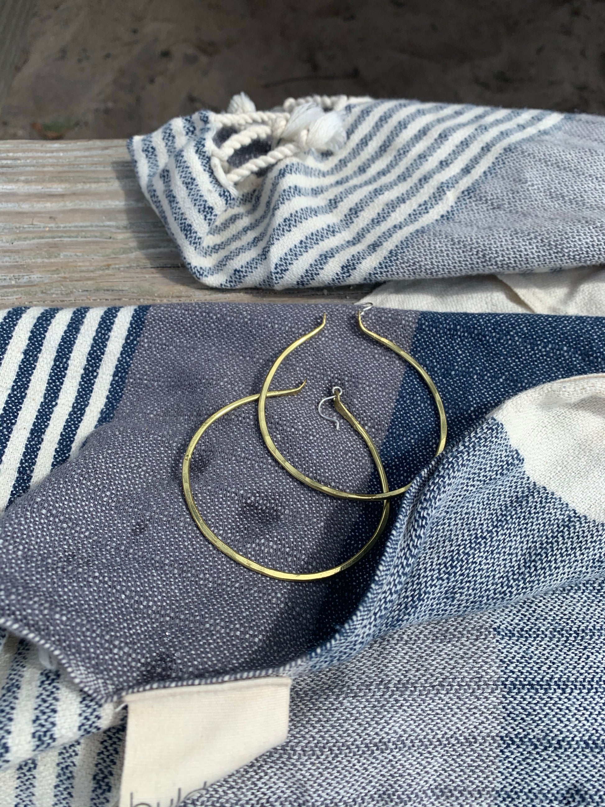 Thick gold hoop earrings hammered brass with sterling silver handmade hammered textured hoops