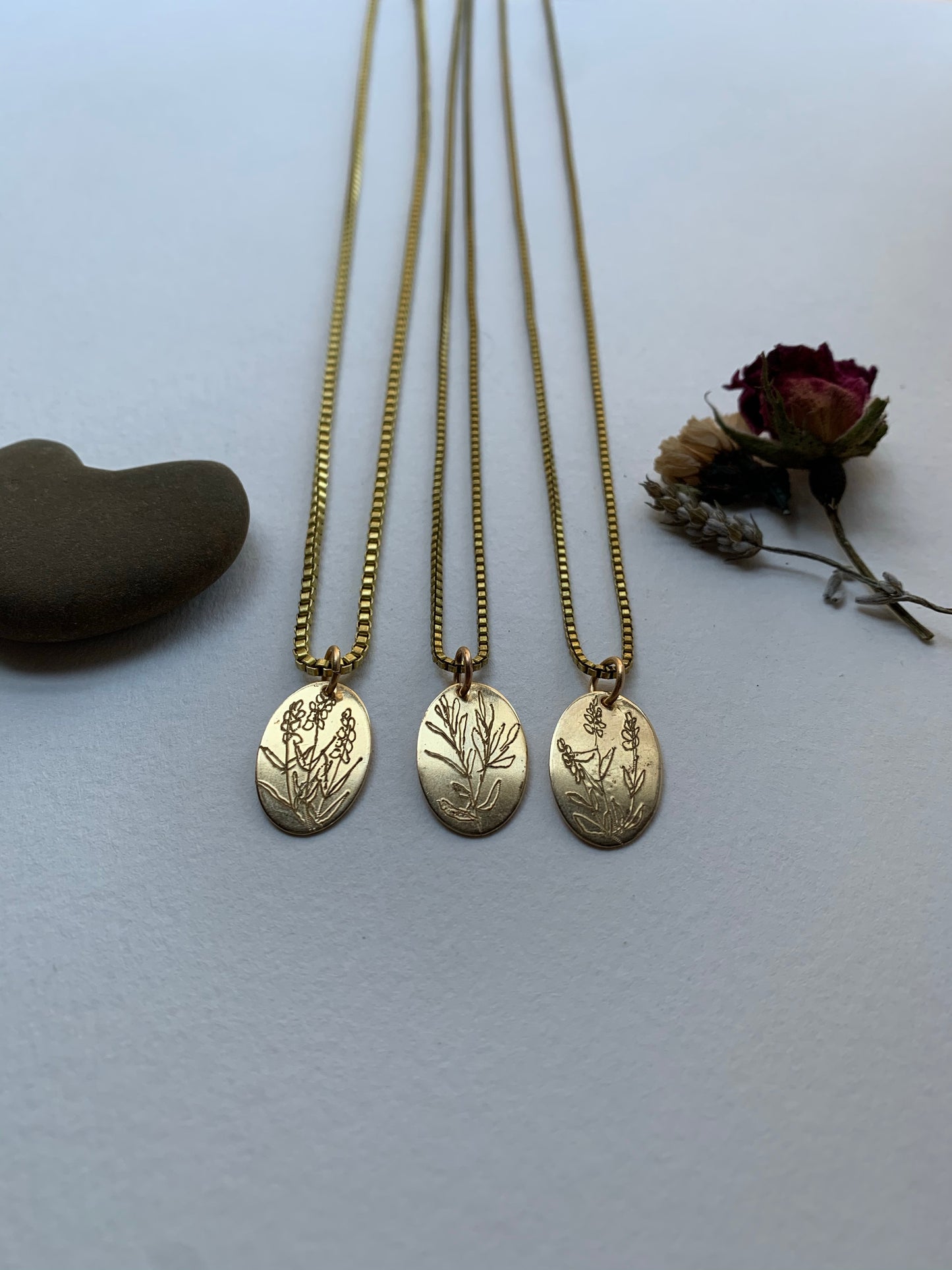 Etched Brass Floral Necklace Rosemary
