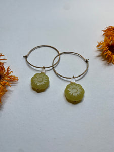 Green Olive Jade Flower Hoop Earrings