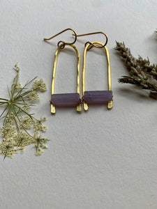 Brass drop earrings with Lavender Lepidolite