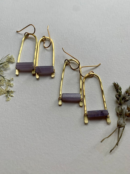 Brass drop earrings with Lavender Lepidolite