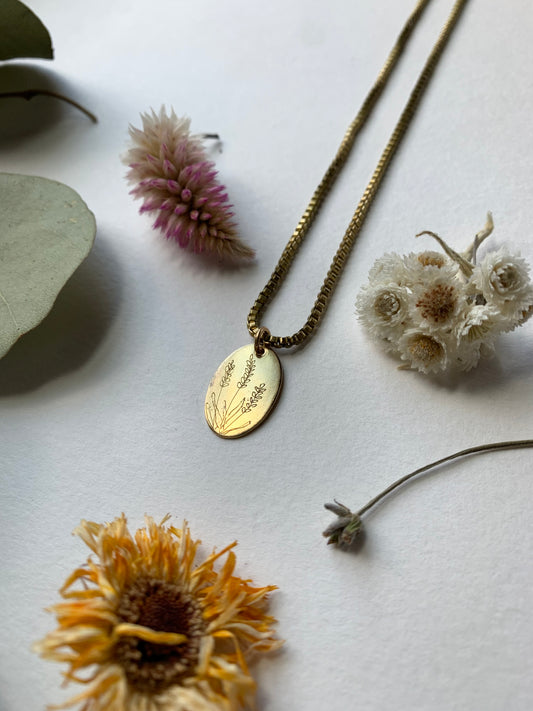 Etched Brass Floral Necklace Lavender
